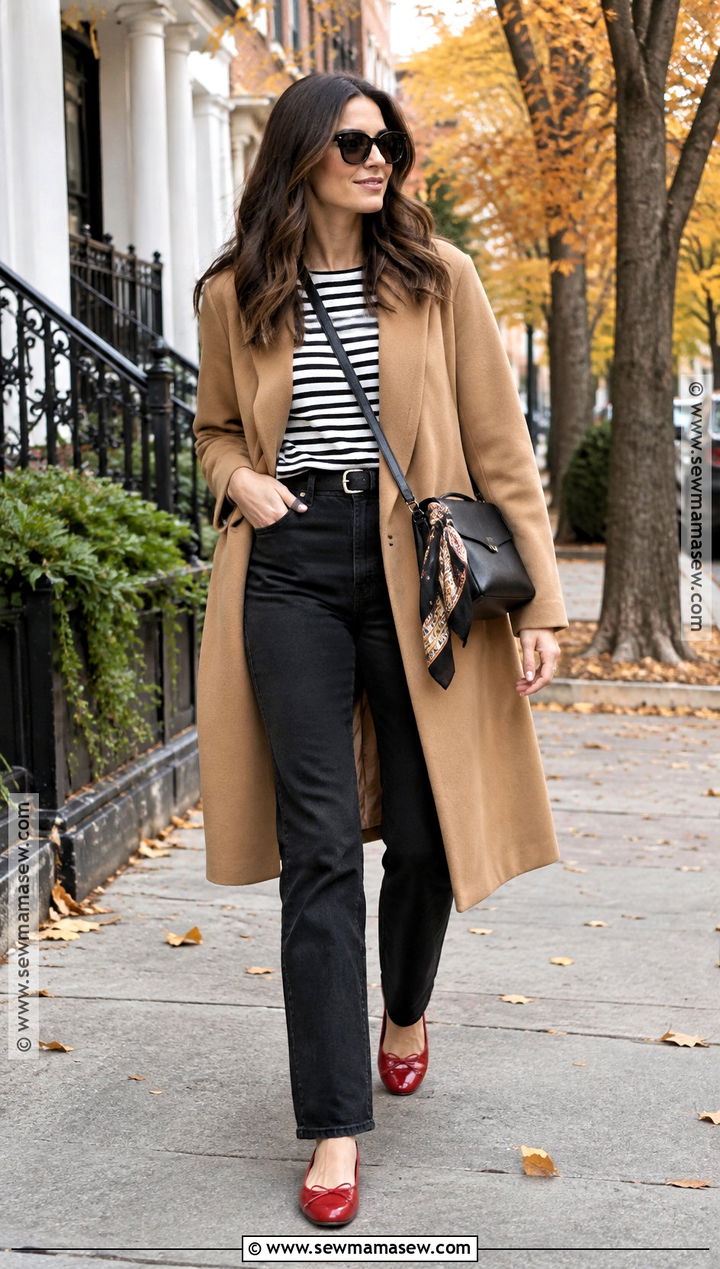 Red Ballet Flats With Black Jeans and Striped Shirt - 15 red ballet flats outfit fall ideas
