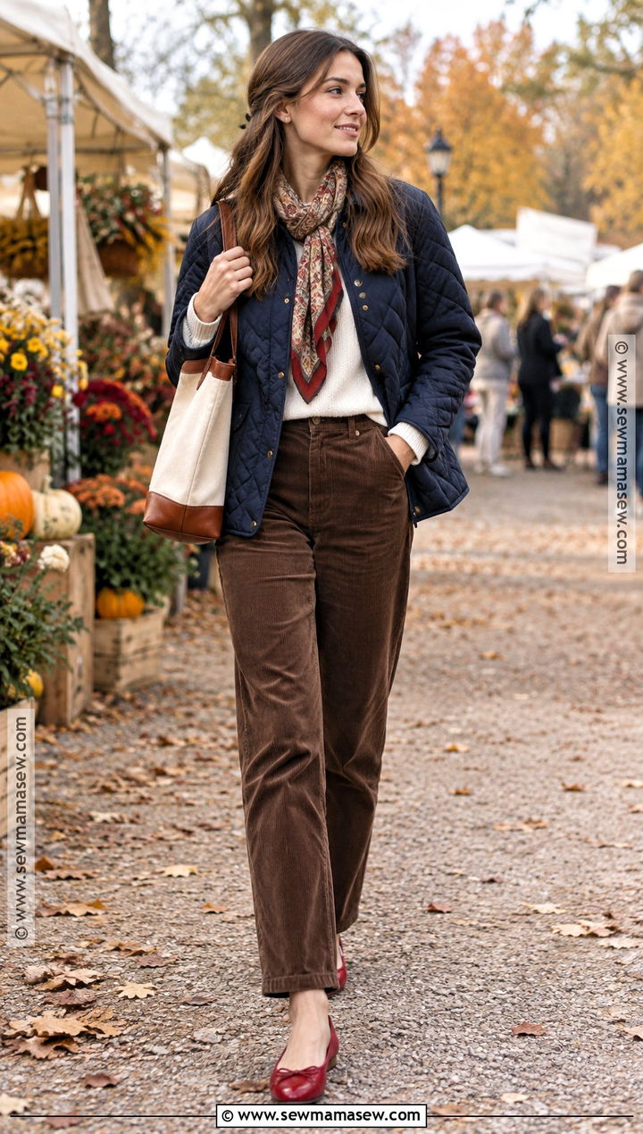 Red Ballet Flats With Corduroy Pants and Quilted Jacket - 15 red ballet flats outfit fall ideas