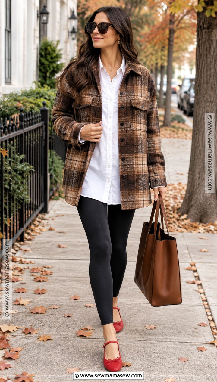 Red Ballet Flats With Leggings and Oversized Shacket - 15 red ballet flats outfit fall ideas