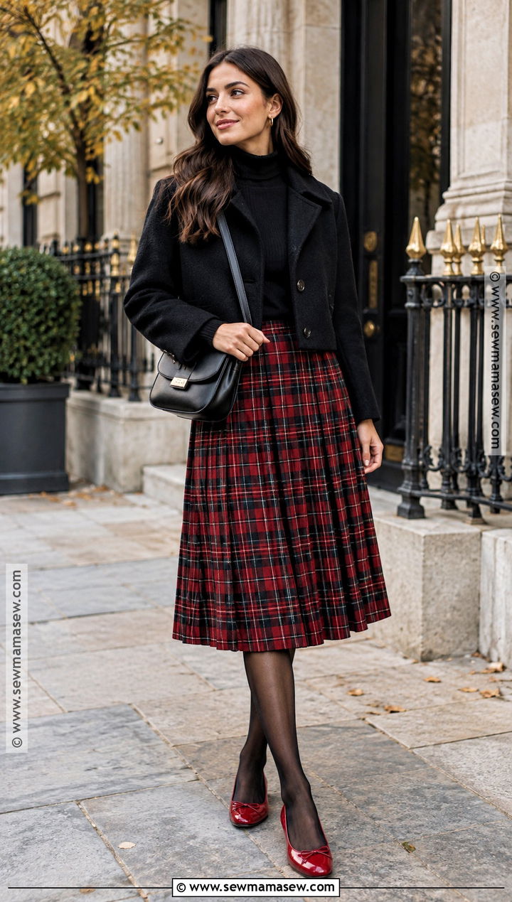 Red Ballet Flats With Plaid Midi Skirt and Turtleneck - 15 red ballet flats outfit fall ideas