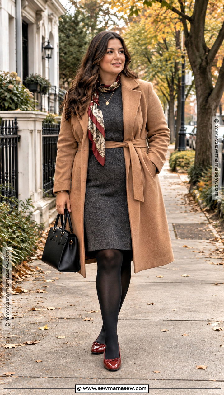 Red Ballet Flats With Sweater Dress and Tights - 15 red ballet flats outfit fall ideas