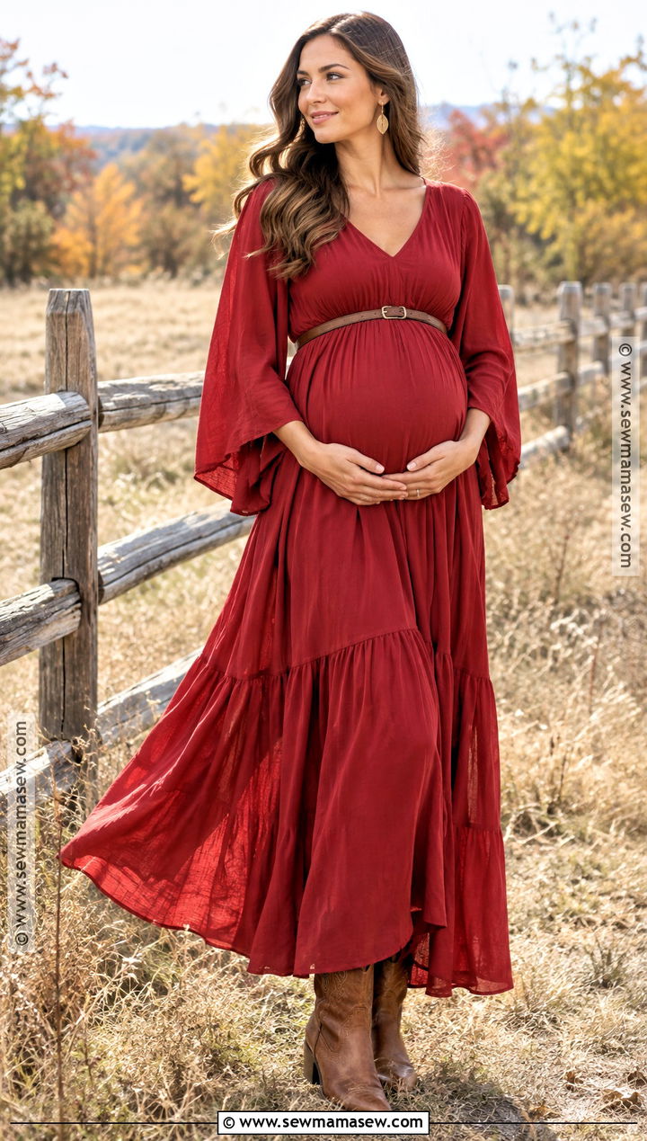 Red Bell Sleeve Maternity Dress With Western Boots - 15 fall maternity photos red dress ideas