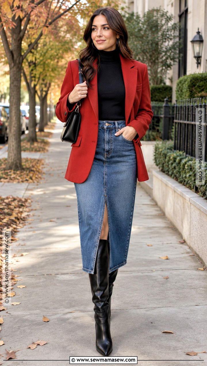 Red Blazer With Denim Midi Skirt And Knee High Boots - 15 red blazer fall outfit ideas