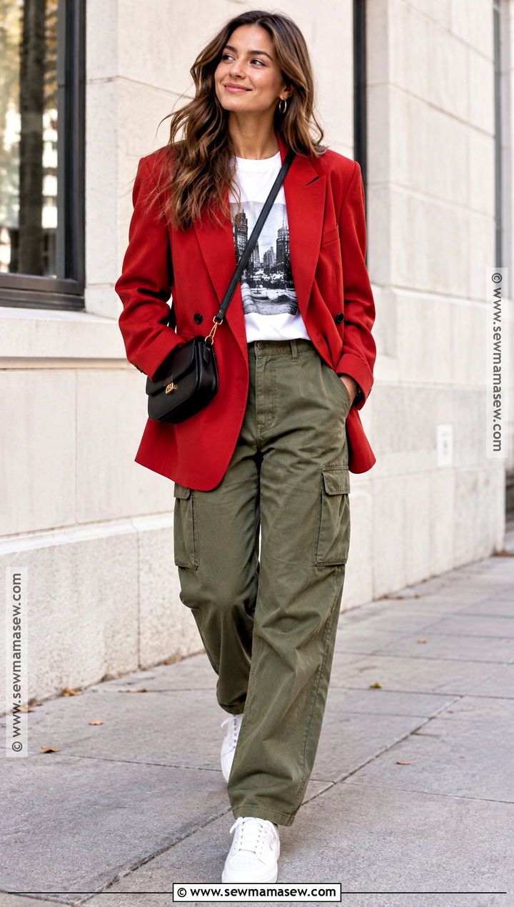 Red Blazer With Graphic T Shirt And Cargo Pants - 15 red blazer fall outfit ideas