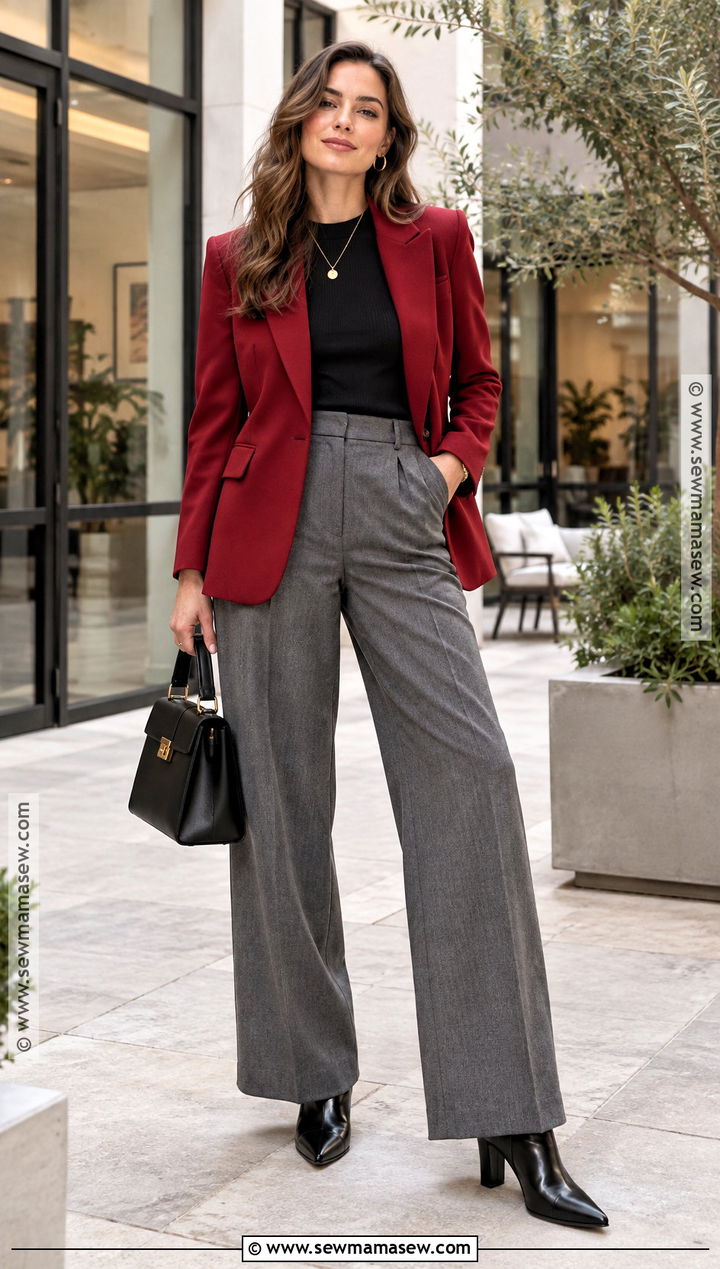 Red Blazer With Gray Trousers - 20 blazer fall outfits