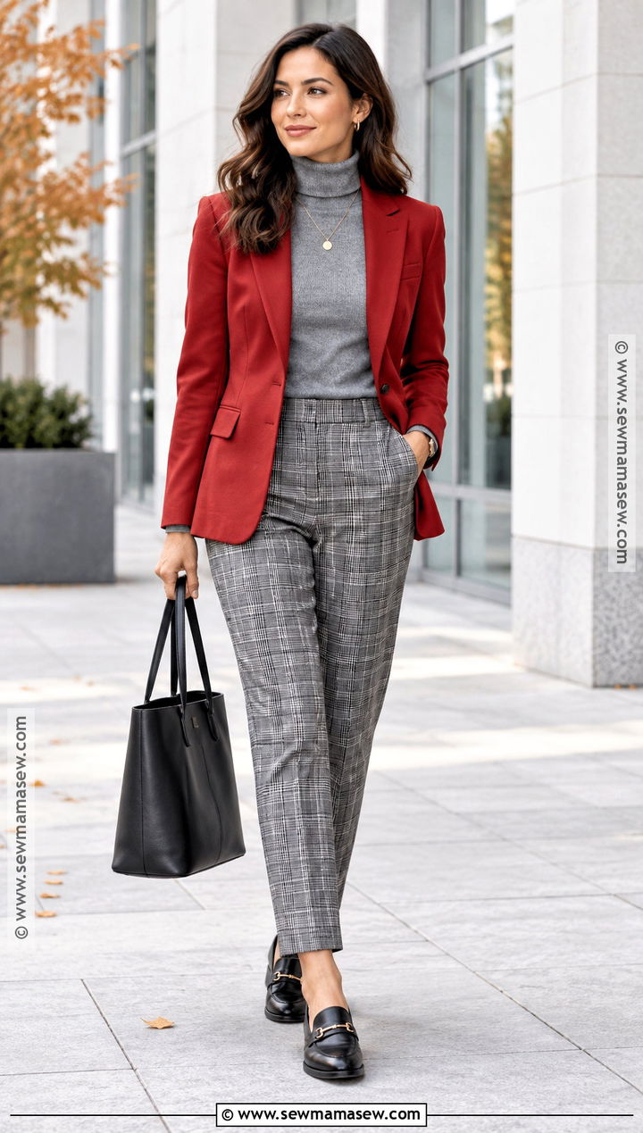Red Blazer With Gray Turtleneck And Plaid Trousers - 15 red blazer fall outfit ideas