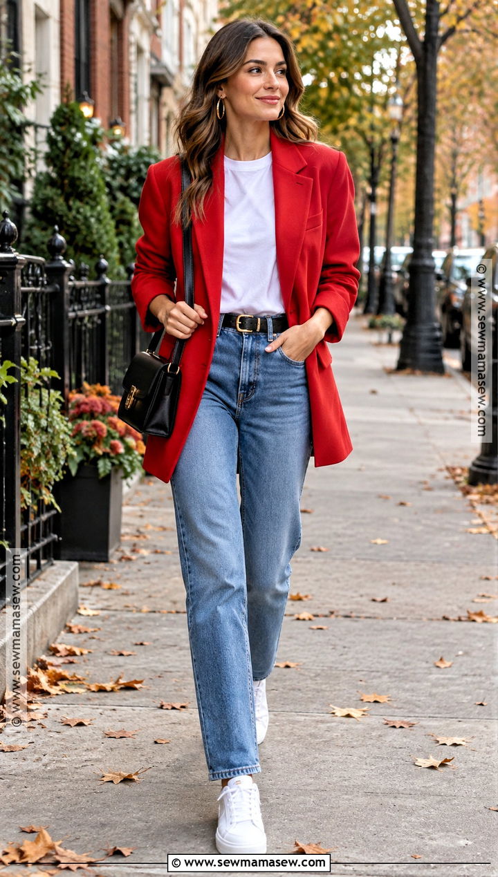 Red Blazer With White T Shirt And Straight Leg Jeans - 15 red blazer fall outfit ideas