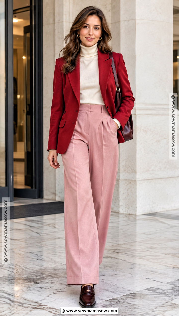 Red Blazer and Pink Trousers Fall Outfit - 15 colorful fall fashion outfits