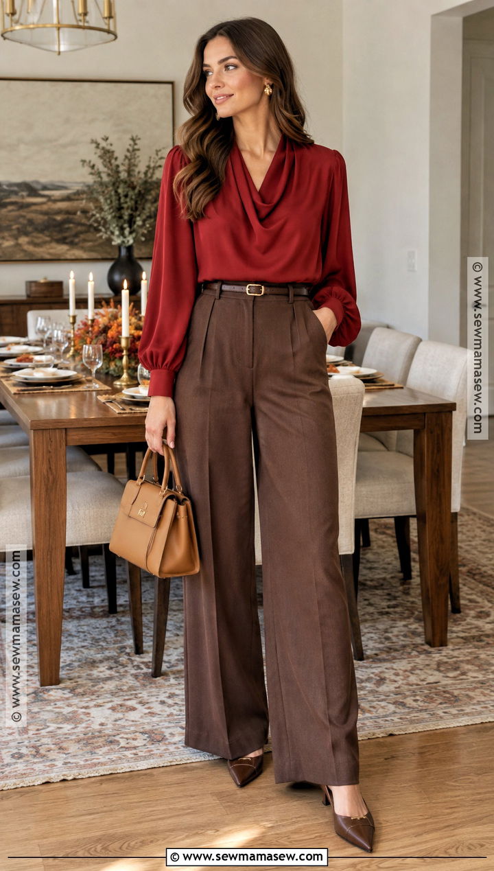Red Blouse And Brown Trousers Thanksgiving Outfit - 20 red thanksgiving outfit ideas
