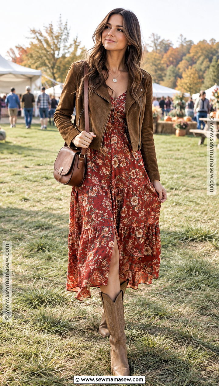 Red Boho Dress With Cowboy Boots - 20 Red Dress Fall Outfit Ideas