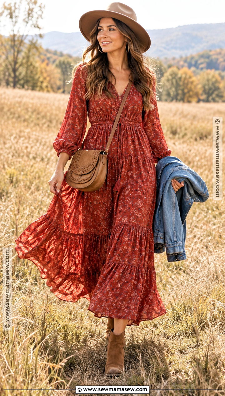 Red Boho Maxi Dress With Wide Brim Hat - 15 red dress fall photoshoot ideas