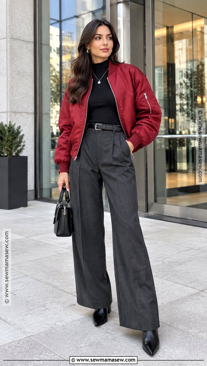 Red Bomber Jacket With Wide Leg Trousers - 15 red fall jacket ideas