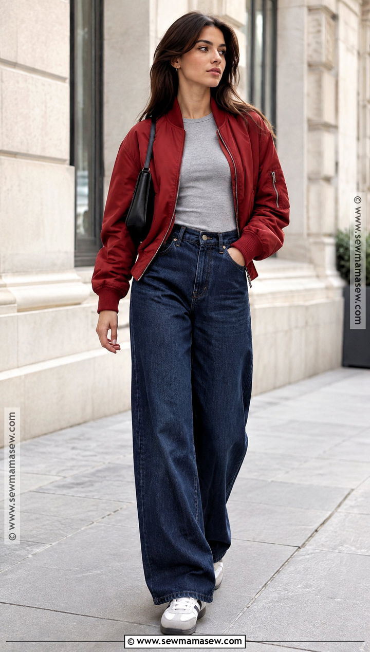 Red Bomber Jacket and Wide Leg Jeans Fall Outfit - 25 red fall outfits