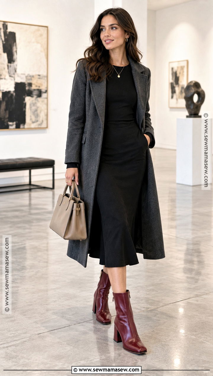 Red Boots With Black Midi Dress And Tailored Coat - 25 autumn boots outfit