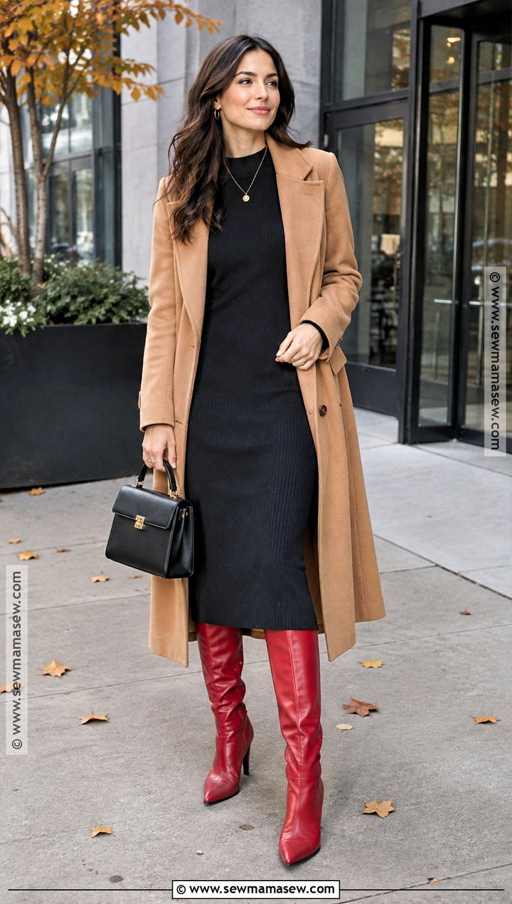 Red Boots With Camel Coat And Black Dress - 20 red boots outfit fall