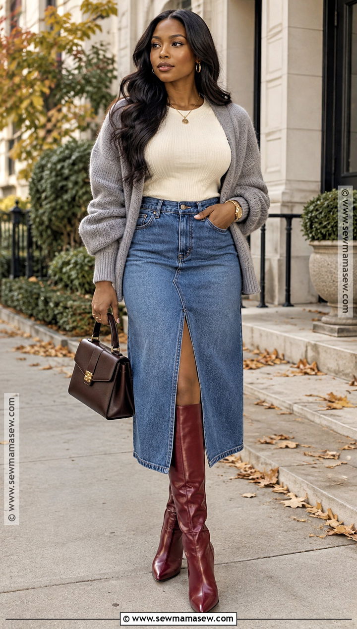 Red Boots With Denim Midi Skirt and Cardigan - 15 boots fall 2026