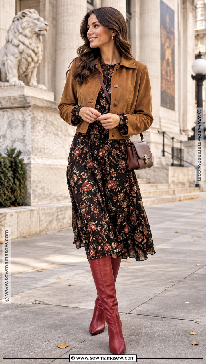 Red Boots With Floral Midi Dress - 20 red boots outfit fall