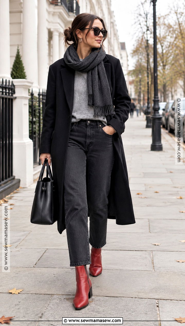 Red Boots With Gray Sweater And Black Jeans - 20 red boots outfit fall