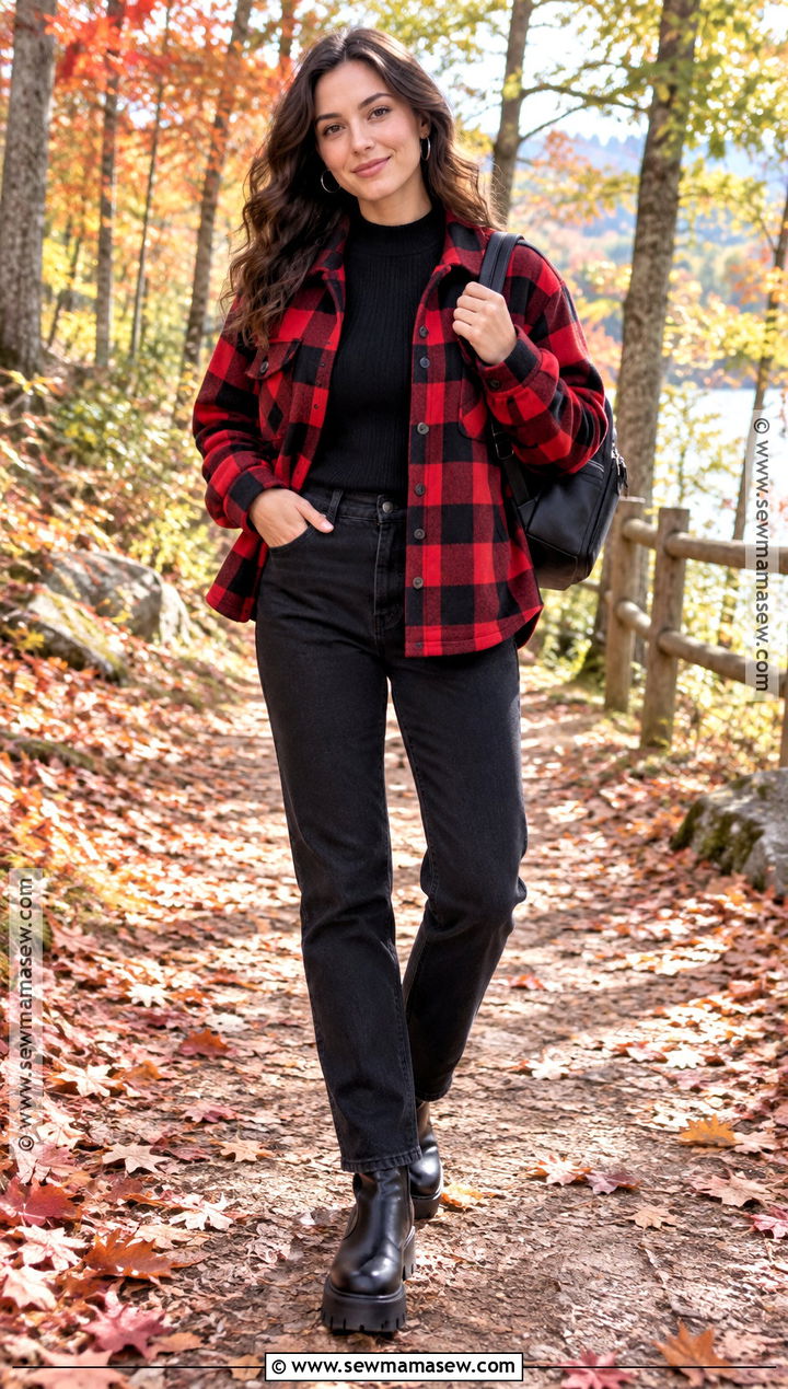 Red Buffalo Plaid Jacket With Black Jeans - 15 fall plaid jackets for women