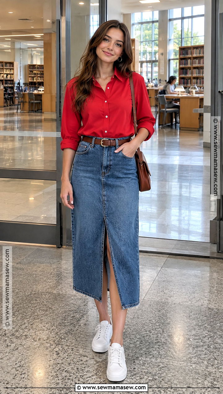 Red Button Down Shirt And Denim Midi Skirt Outfit - 20 red back to school outfits