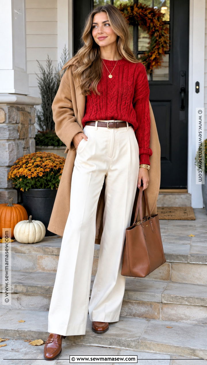 Red Cable Knit Sweater And Cream Pants Thanksgiving Outfit - 20 red thanksgiving outfit ideas