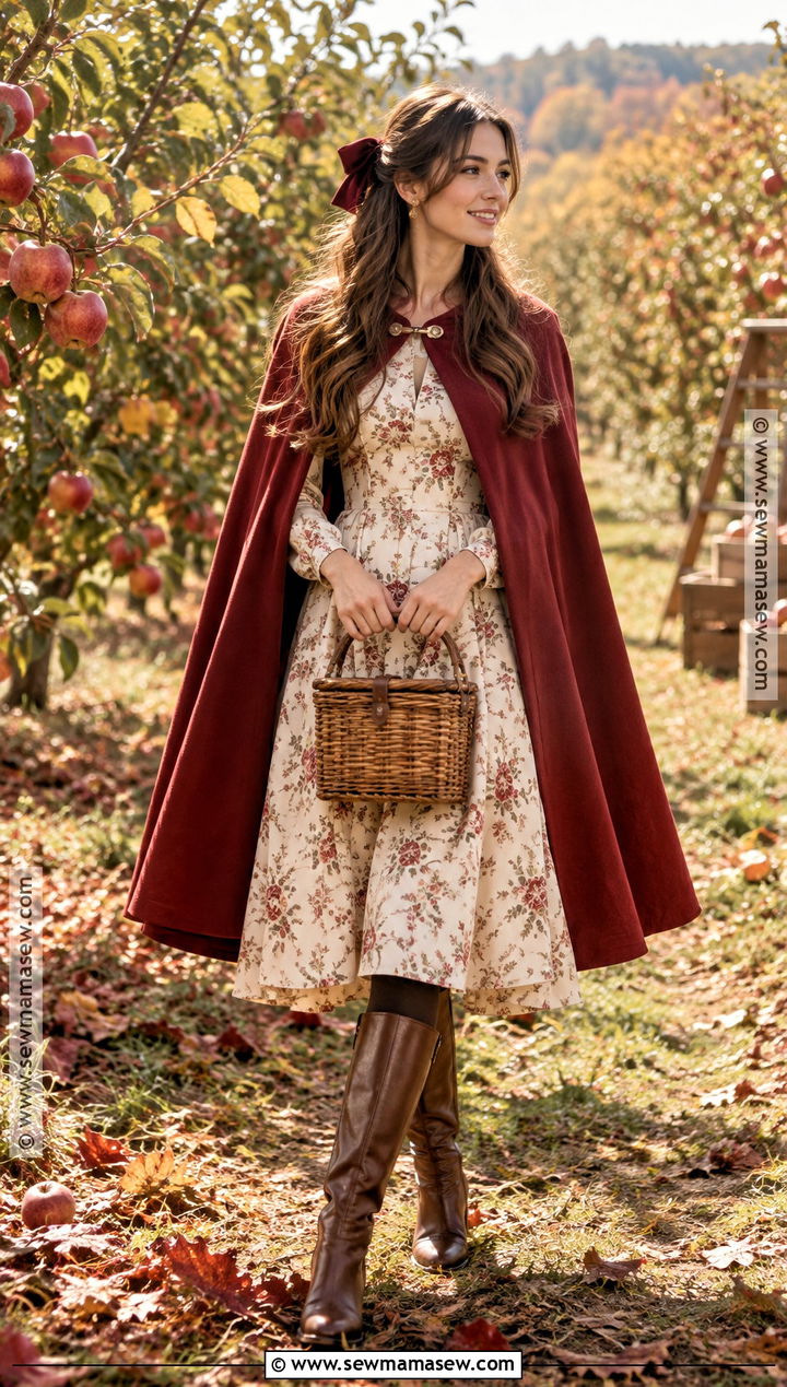 Red Cape And Floral Midi Dress Fall Princess Outfit - 15 Fall Princess Outfit Ideas