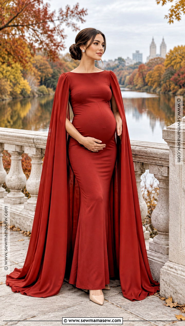 Red Cape Sleeve Maternity Gown With Pointed Flats - 15 fall maternity photos red dress ideas