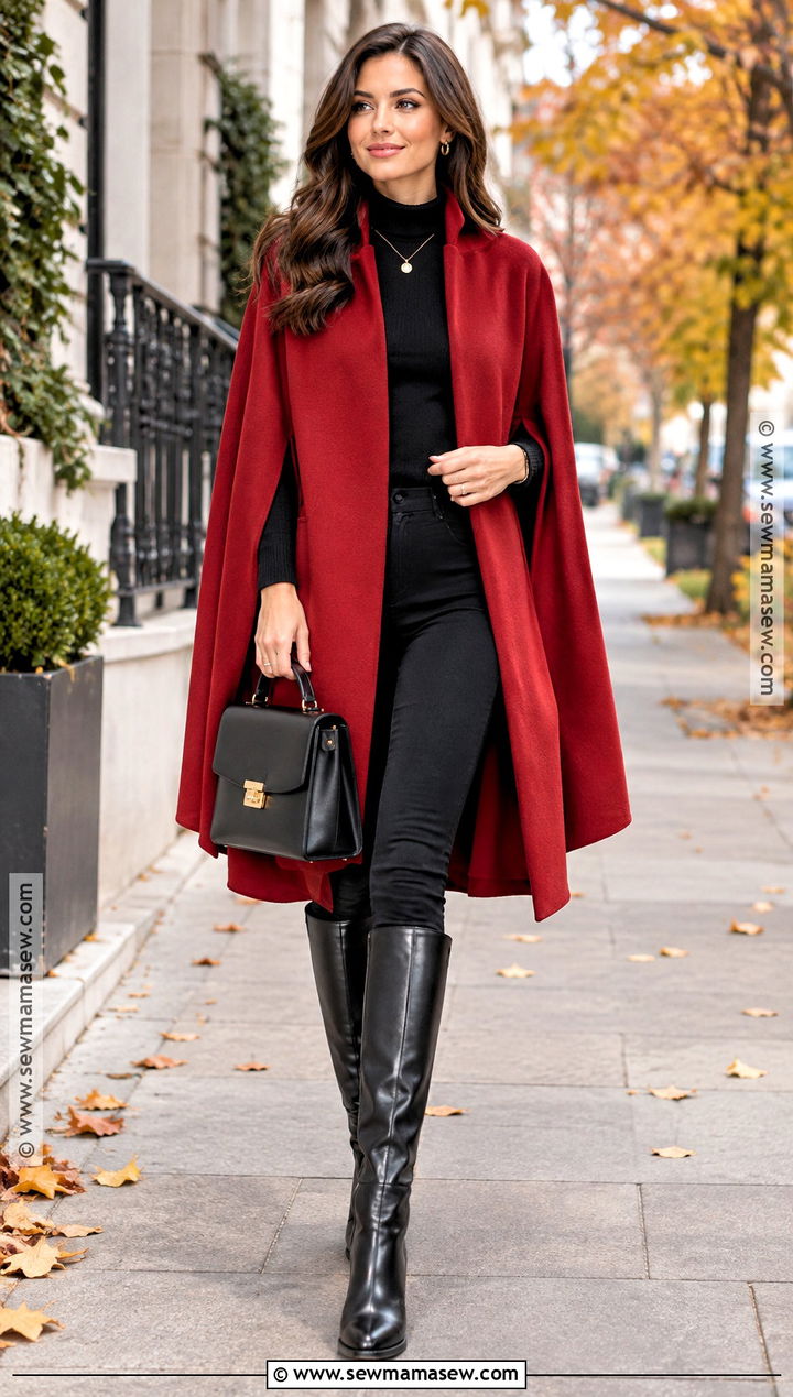 Red Cape With All Black Outfit And Tall Boots - 15 fall cape ideas