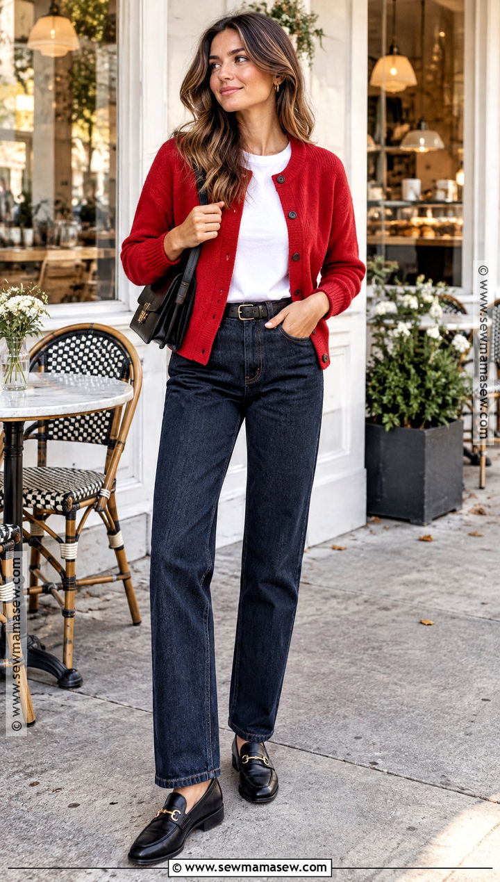 Red Cardigan And Dark Denim Fall Outfit - 25 fall outfit inspired ideas