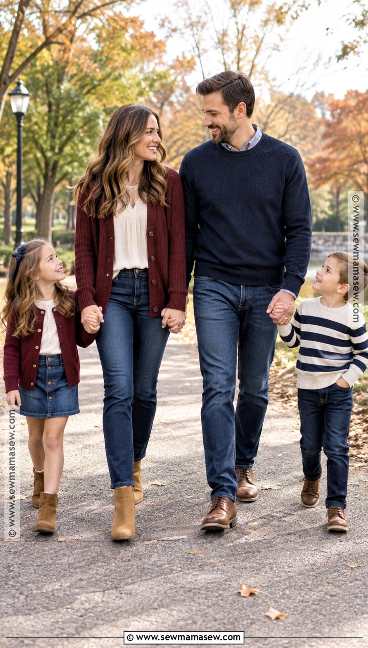 Red Cardigan And Dark Denim Family Outfit - 15 Fall Family Pictures Outfits Red