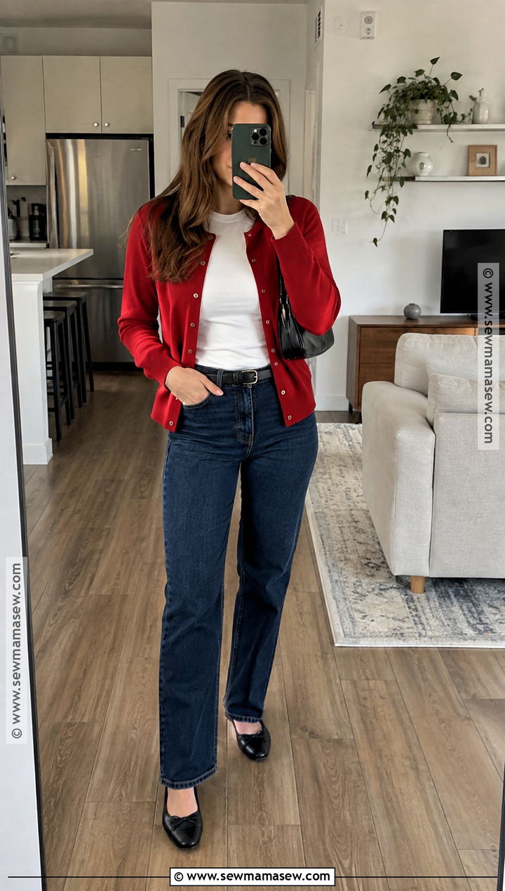 Red Cardigan And Dark Wash Jeans Fall Outfit - 15 affordable fall fashion trends