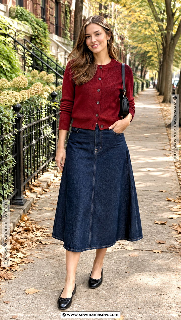 Red Cardigan And Denim Midi Skirt Fall Outfit - 20 pretty outfits fall