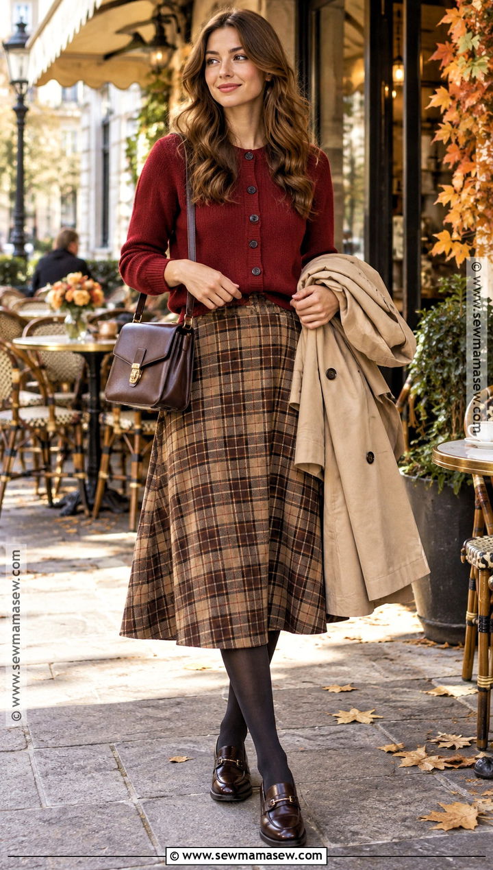Red Cardigan And Plaid Skirt Autumn Outfit - 20 red autumn outfits