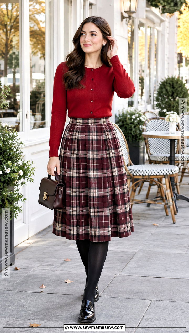 Red Cardigan And Plaid Skirt Outfit - 15 autumn red outfit ideas