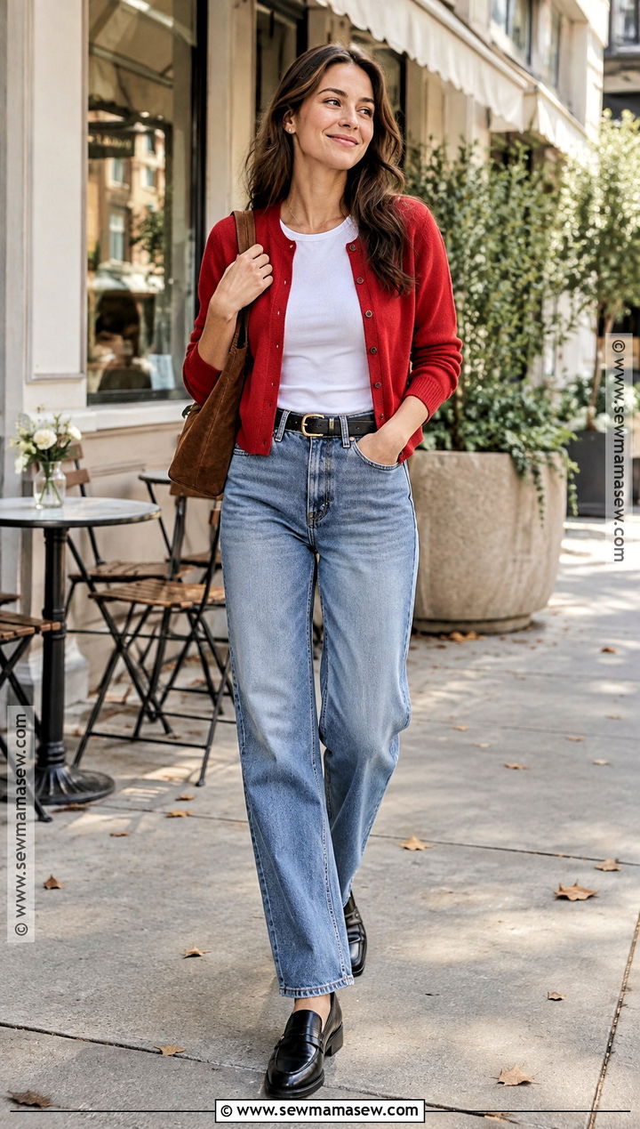 Red Cardigan And Straight Leg Jeans Fall Outfit - 25 dope fall outfits