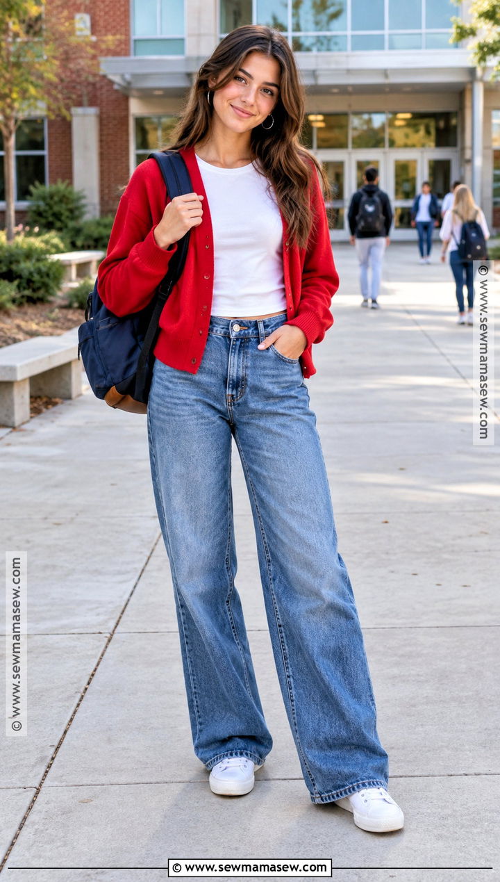 Red Cardigan And Wide Leg Jeans Back To School Outfit - 15 Colorful Back To School Outfits