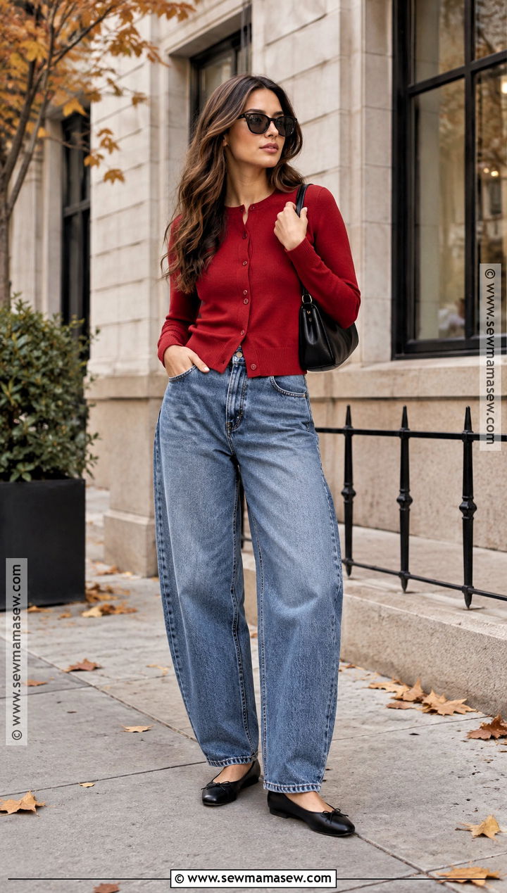 Red Cardigan With Barrel Jeans - 15 autumn outfit with cardigan and jeans