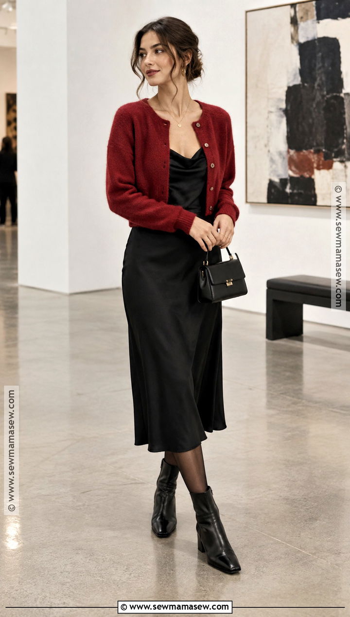 Red Cardigan With Black Slip Dress - 20 red cardigan outfit fall ideas