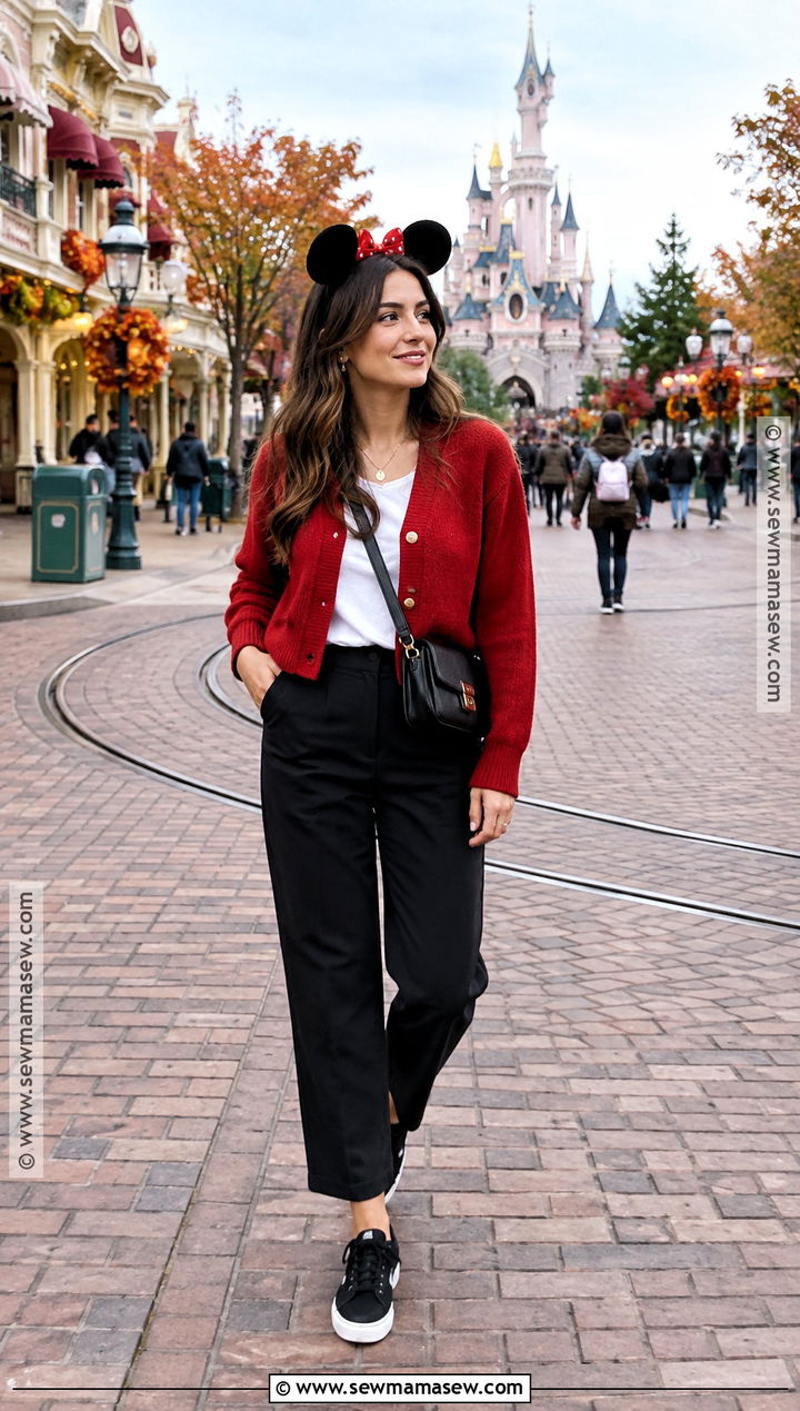 Red Cardigan With Black Trousers - 20 Disney Paris Outfits Autumn