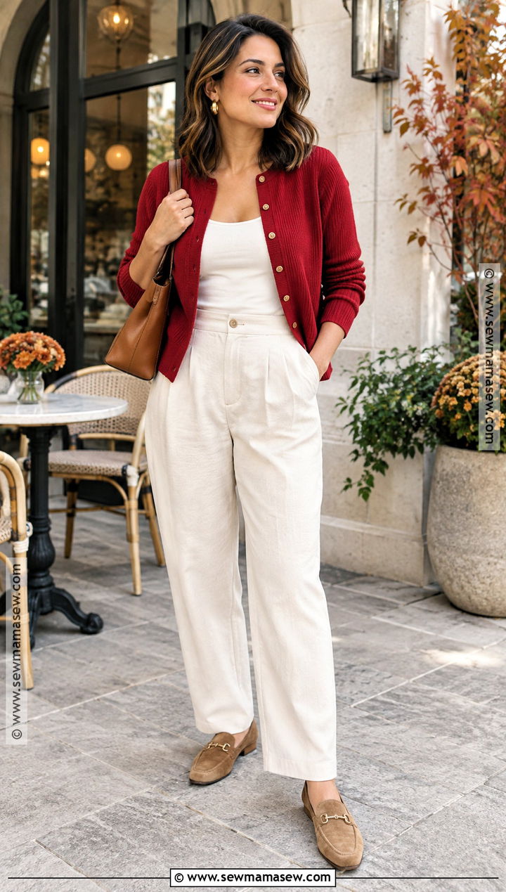 Red Cardigan With Cream Trousers - 20 red cardigan fall outfit ideas