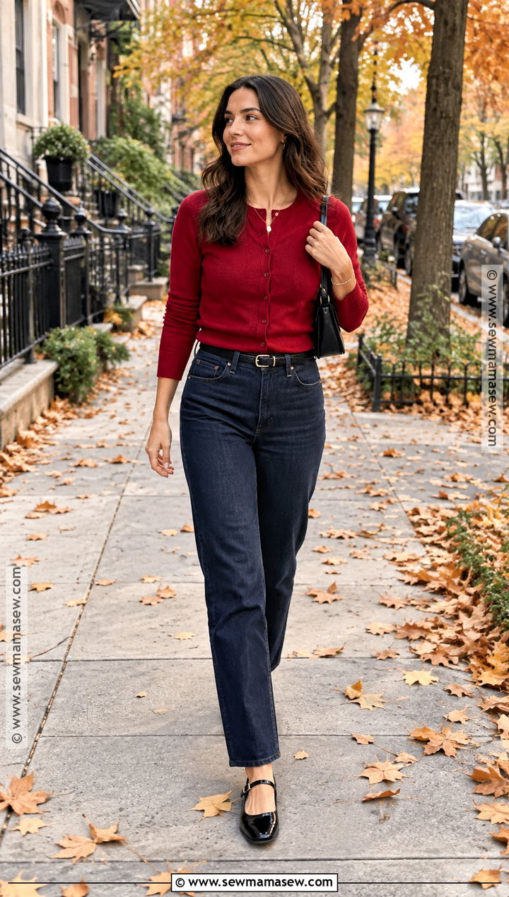 Red Cardigan With Dark Jeans And Mary Jane Shoes - 15 Fall Cardigan Outfits 2026
