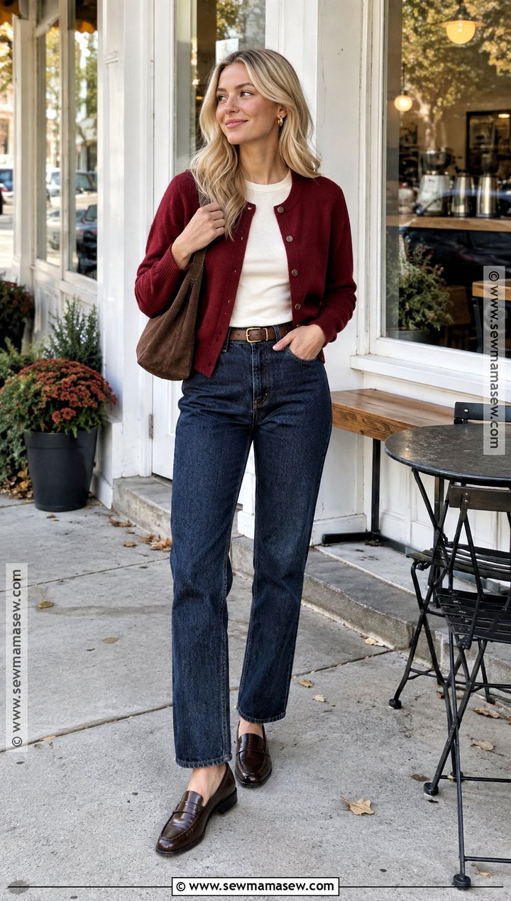 Red Cardigan With Dark Wash Jeans - 20 fall outfits blonde hair