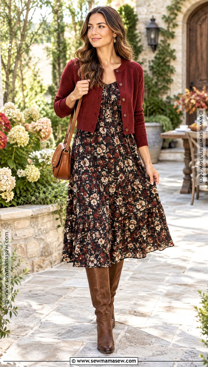 Red Cardigan With Floral Midi Dress - 20 red cardigan outfit fall ideas