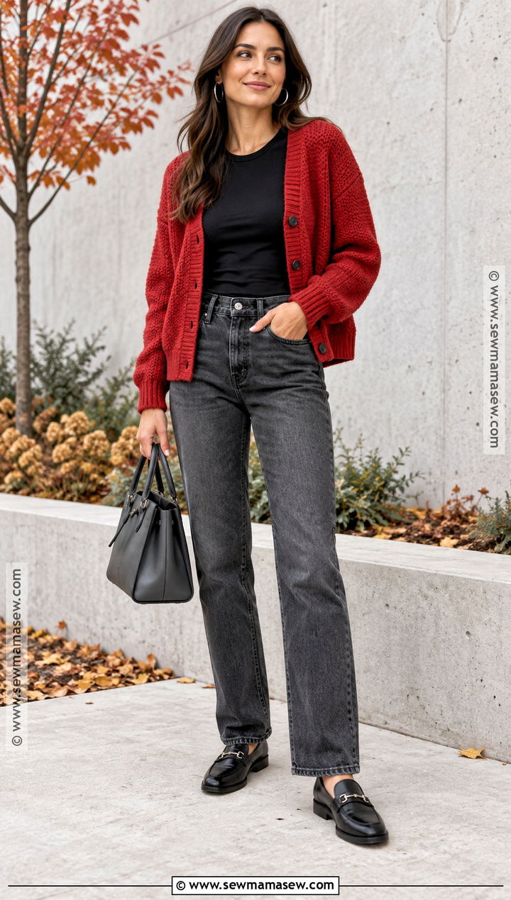 Red Cardigan With Gray Jeans - 20 red cardigan fall outfit ideas