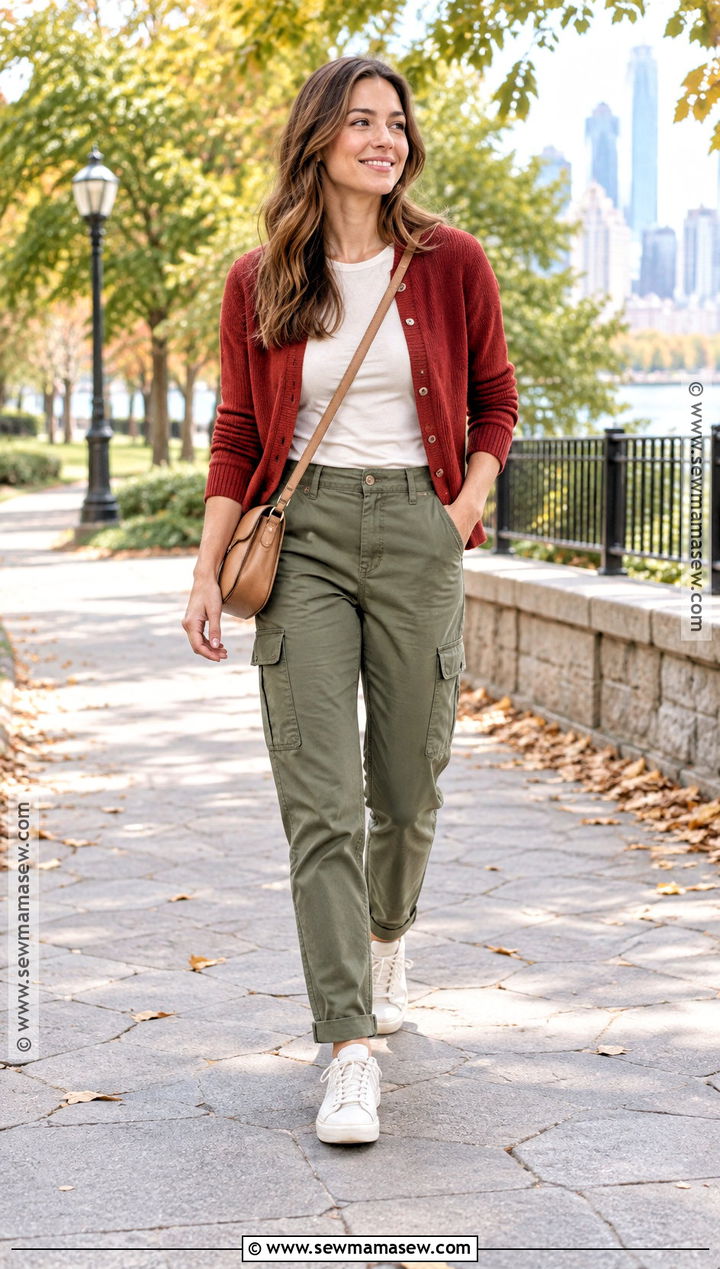 Red Cardigan With Olive Cargo Pants - 20 red cardigan fall outfit ideas