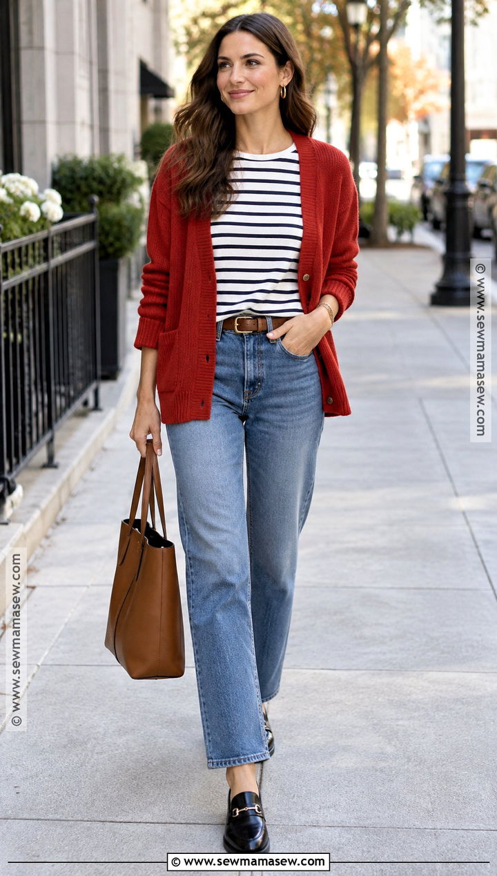 Red Cardigan With Striped Shirt - 20 red cardigan outfit fall ideas