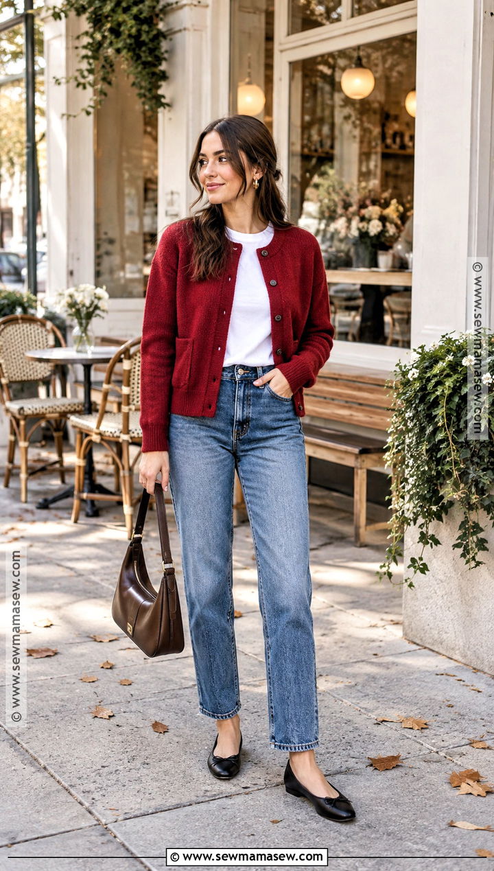 Red Cardigan With White T Shirt And Jeans - 25 fall sweaters