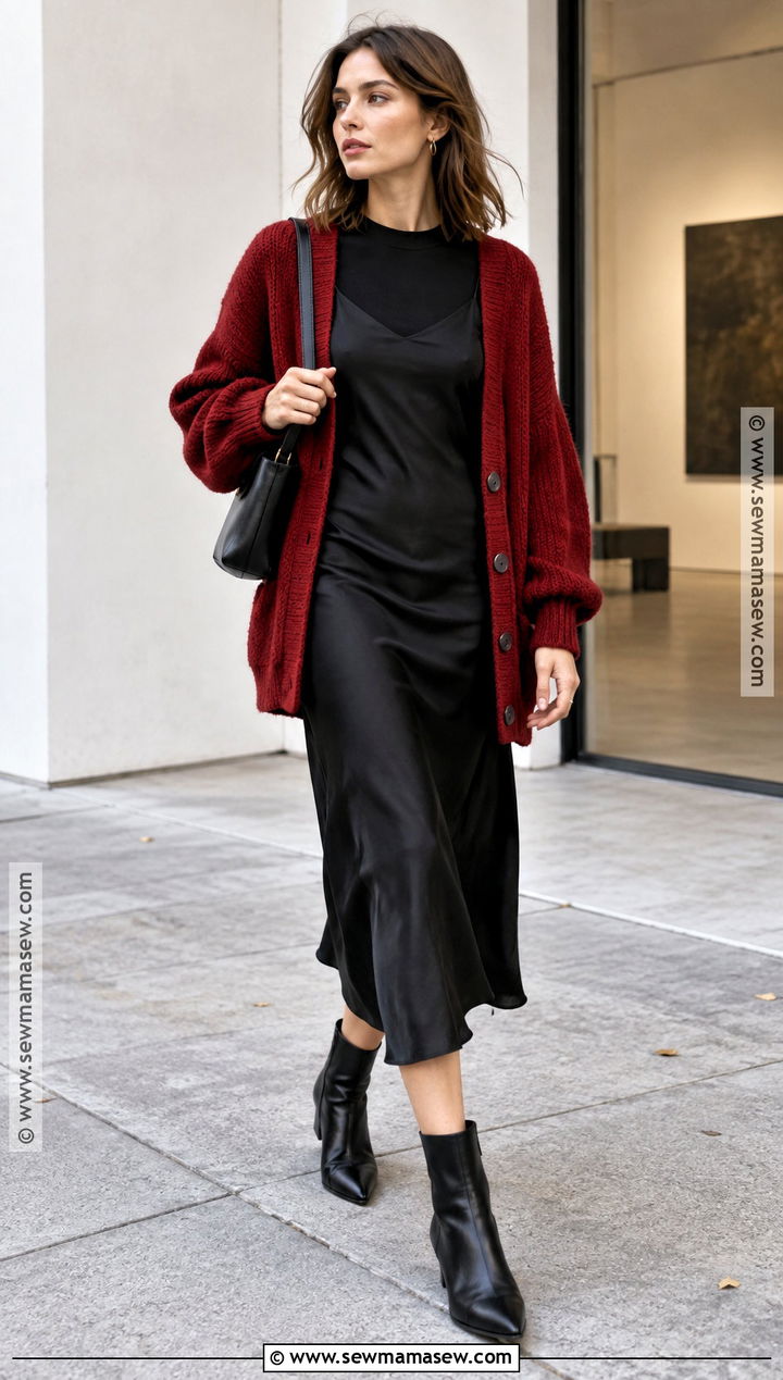 Red Cardigan With a Black Slip Dress - 20 red cardigan fall outfit ideas