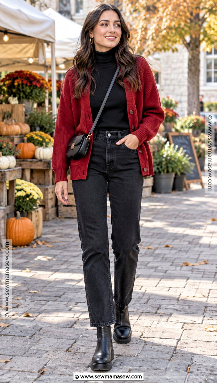 Red Cardigan With a Black Turtleneck - 20 red cardigan fall outfit ideas