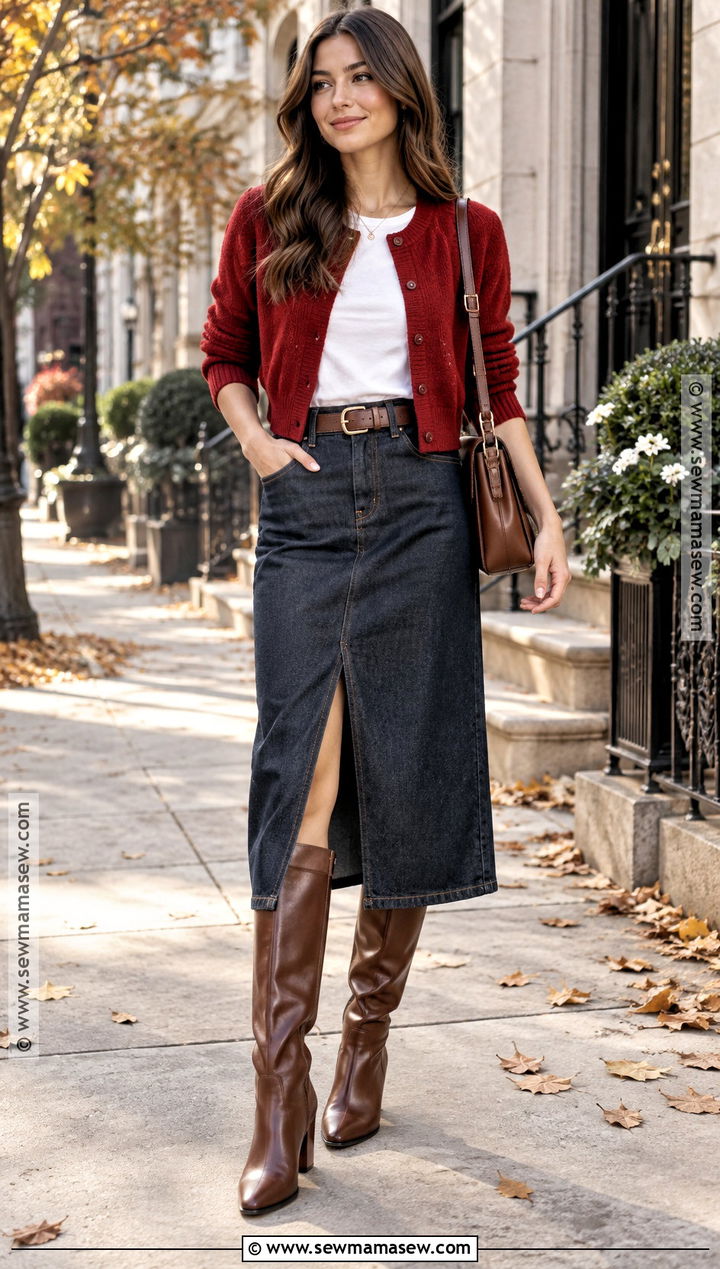 Red Cardigan With a Denim Midi Skirt - 20 red cardigan fall outfit ideas